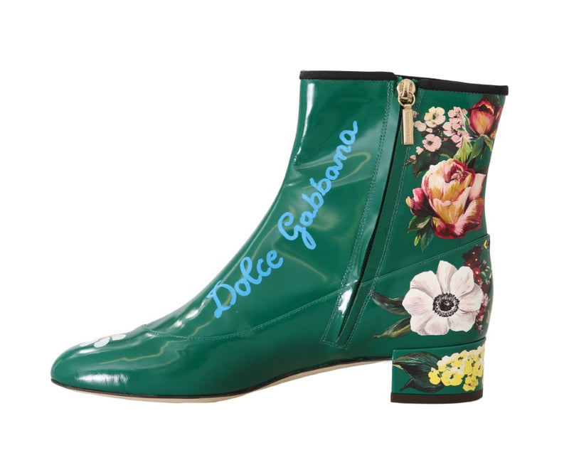 Green Leather Floral Ankle Boots