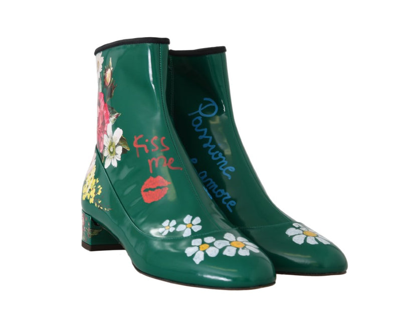Green Leather Floral Ankle Boots