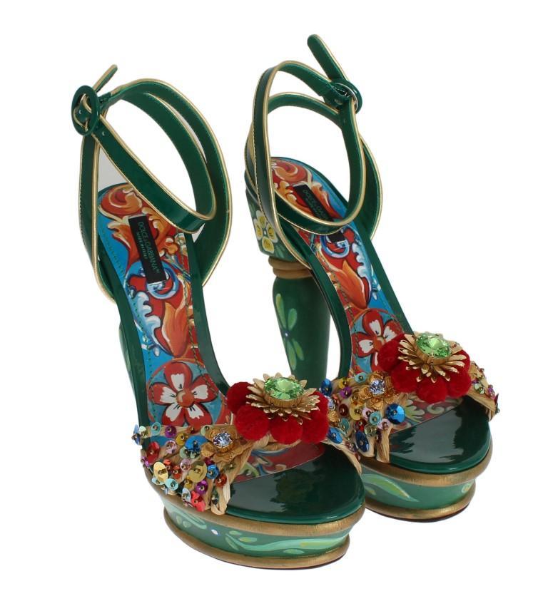 Green Leather Crystal Carretto Platform Shoes