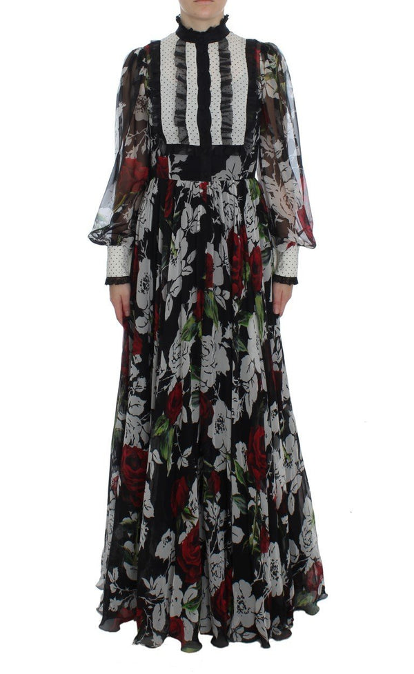 Black Silk Multicolor Roses Print Dress