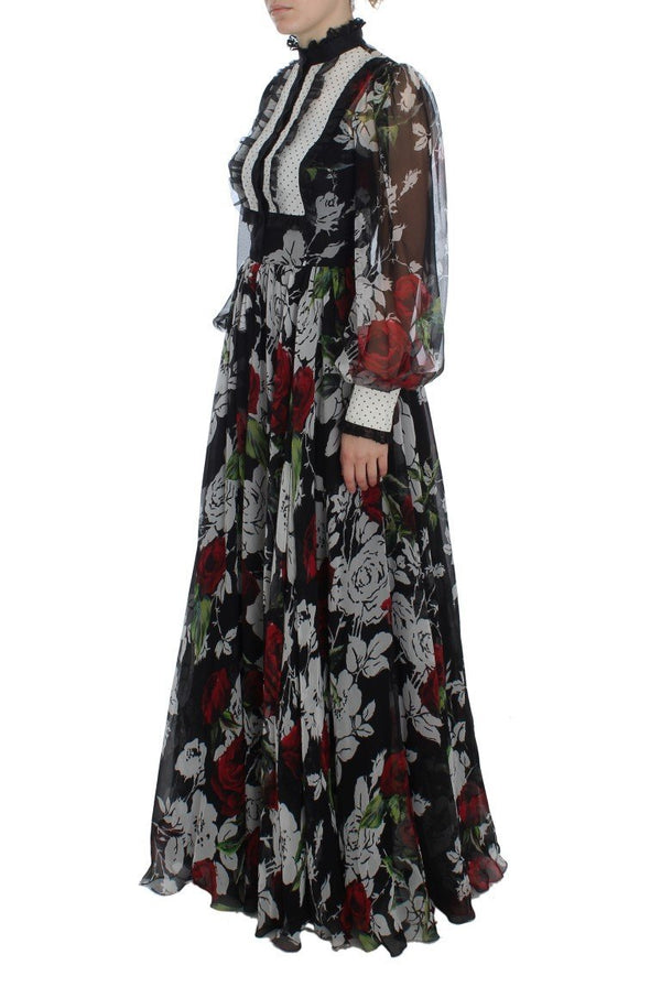 Black Silk Multicolor Roses Print Dress