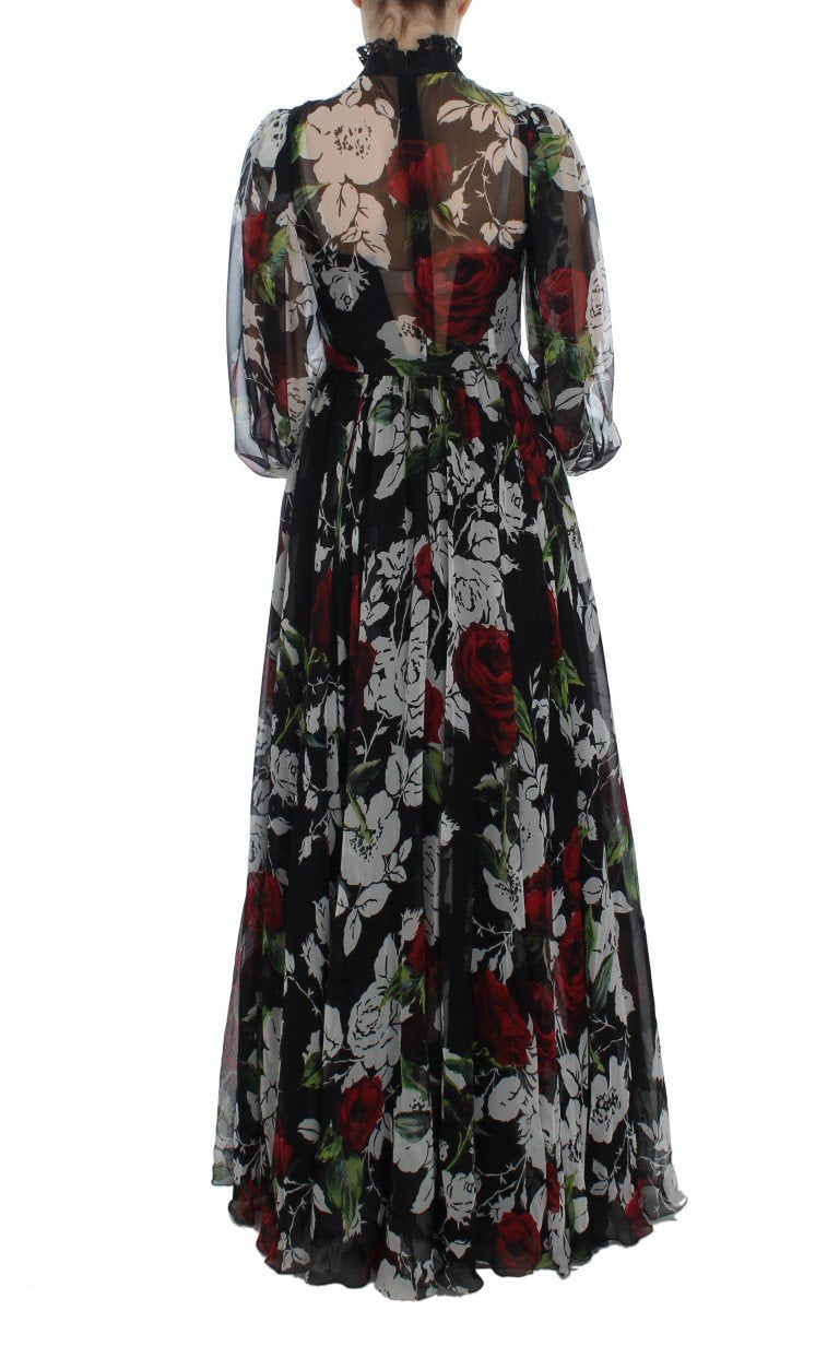 Black Silk Multicolor Roses Print Dress