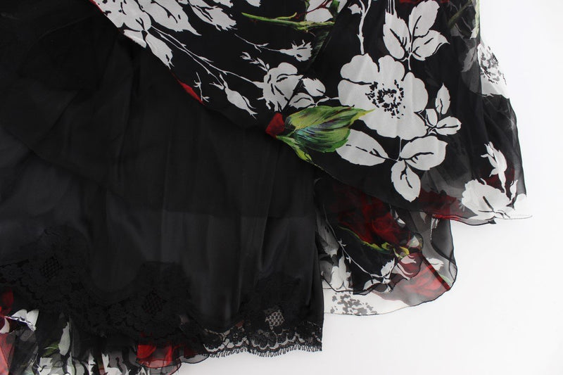 Black Silk Multicolor Roses Print Dress