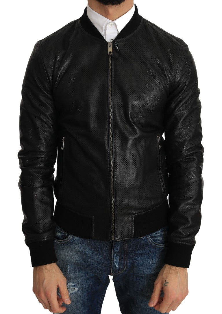 Black Perforated Leather Bomber Jacket