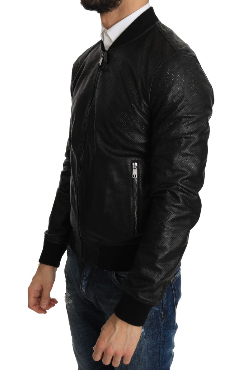 Black Perforated Leather Bomber Jacket
