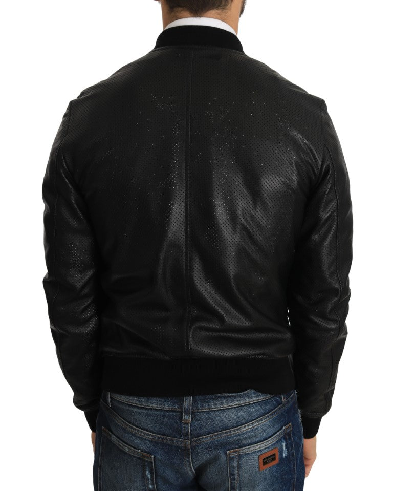 Black Perforated Leather Bomber Jacket