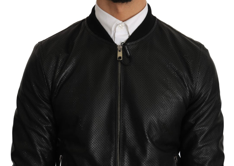 Black Perforated Leather Bomber Jacket