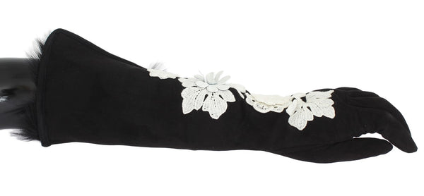 Black Leather Floral Ricamo Fur Elbow Gloves
