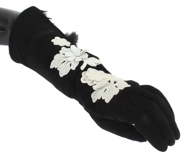 Black Leather Floral Ricamo Fur Elbow Gloves