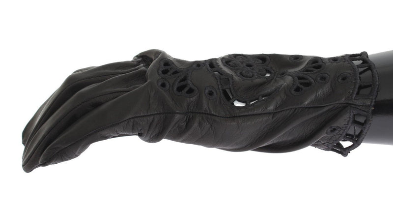 Black Leather Floral Cutout Gloves