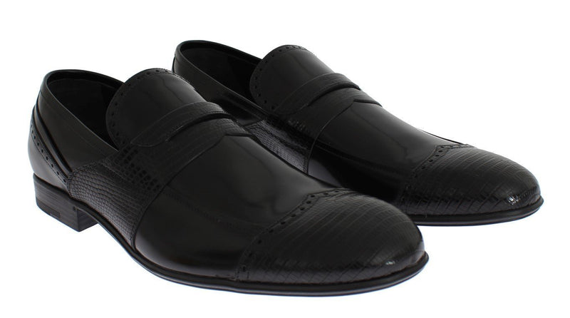Black Lizard Leather Loafers Dress Shoes