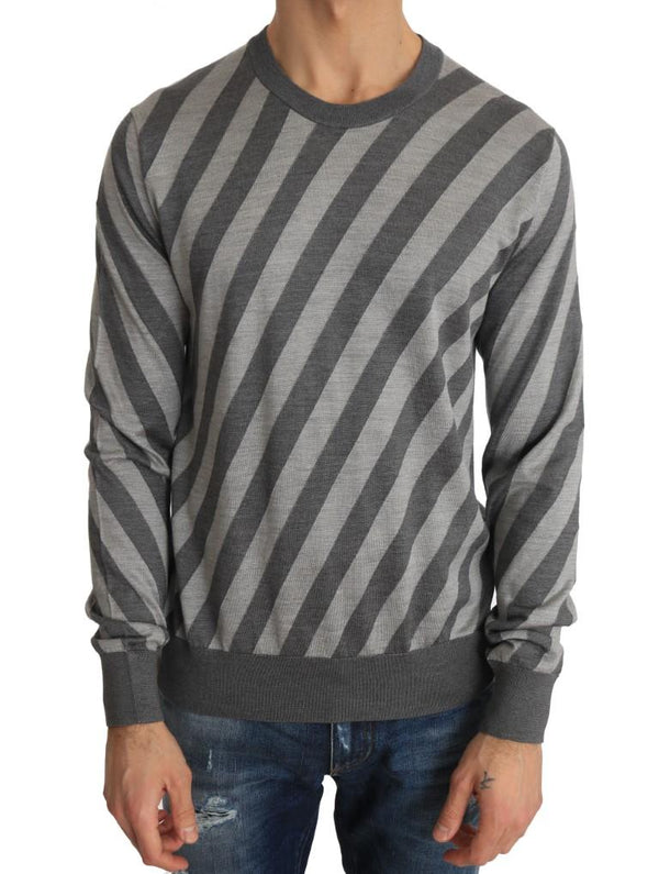 Gray Striped Silk Crew-neck Pullover Sweater