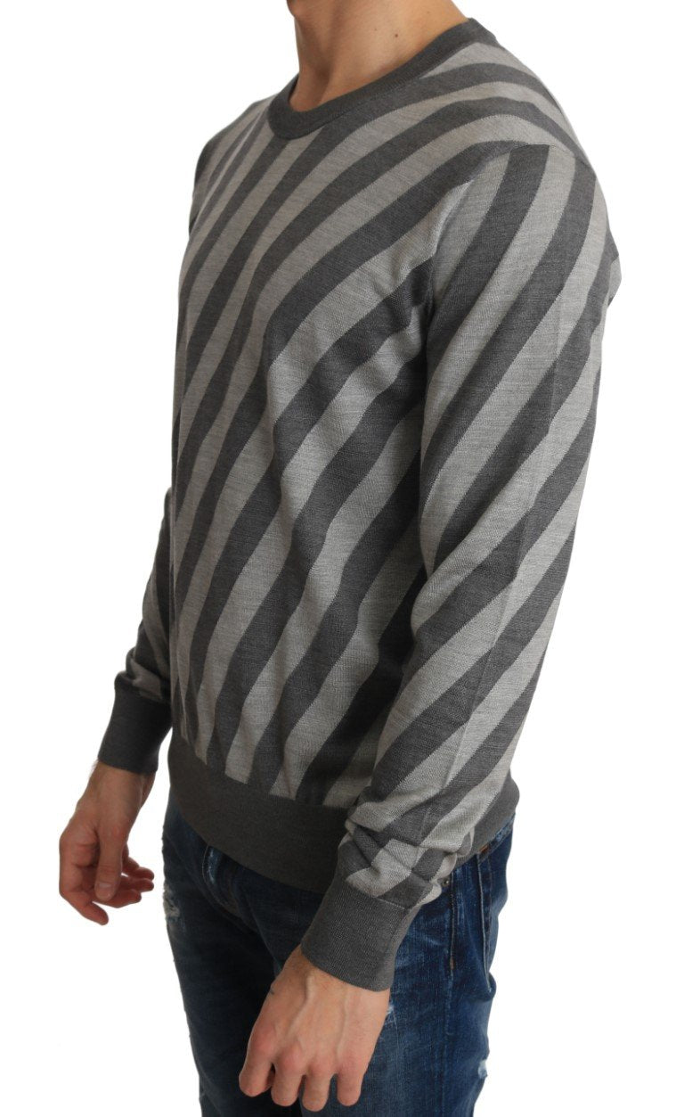 Gray Striped Silk Crew-neck Pullover Sweater