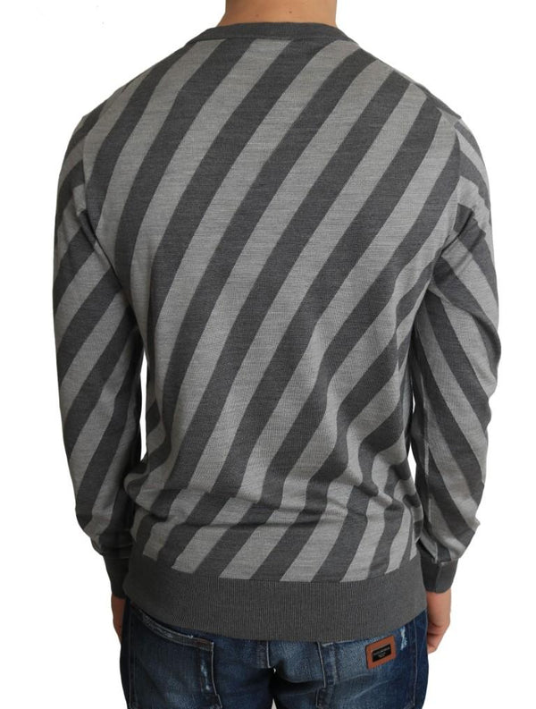 Gray Striped Silk Crew-neck Pullover Sweater