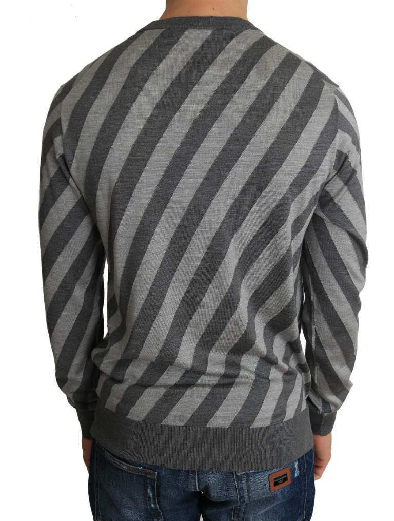 Gray Striped Silk Crew-neck Pullover Sweater