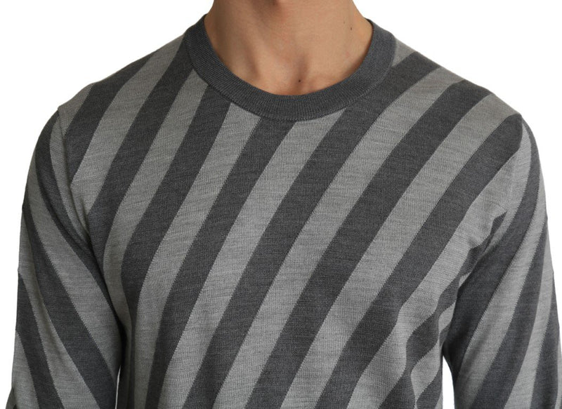 Gray Striped Silk Crew-neck Pullover Sweater