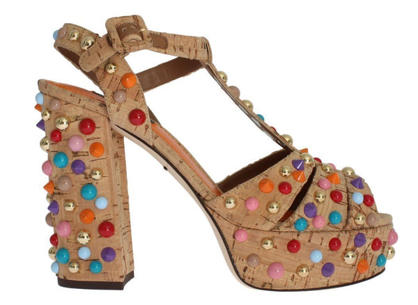 Beige Cork Studded Strap Sandals