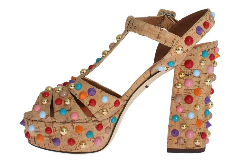 Beige Cork Studded Strap Sandals