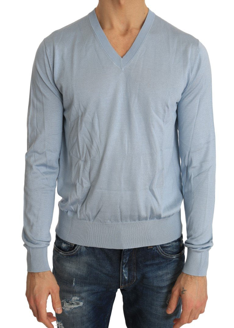 Light Blue Silk V-neck Pullover Sweater