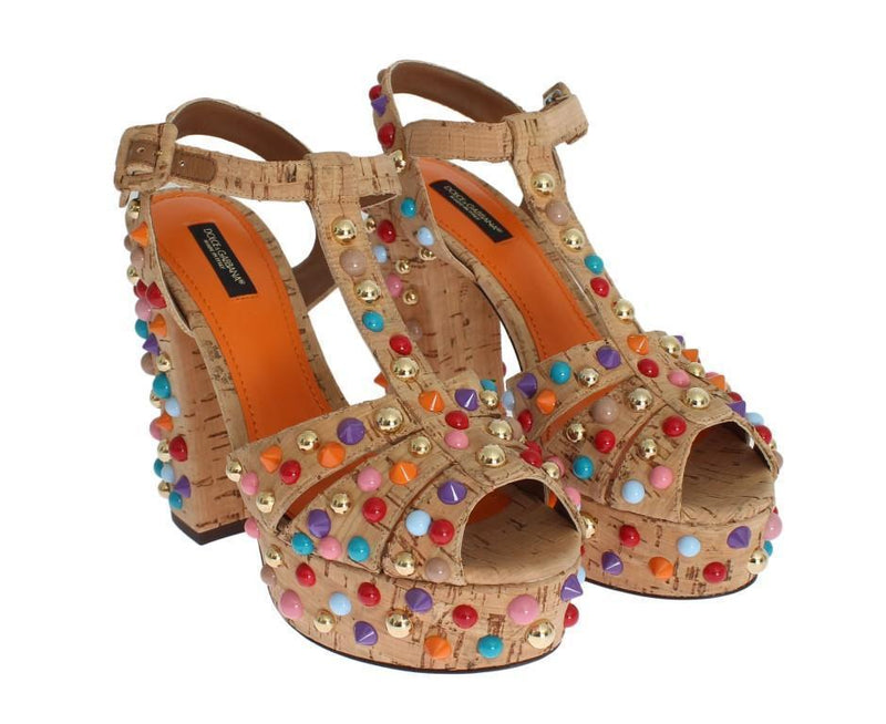 Beige Cork Studded Strap Sandals