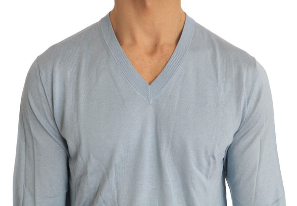 Light Blue Silk V-neck Pullover Sweater