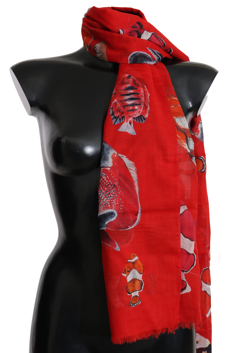 Red Fish Cotton Print Shawl Wrap Necktie Scarf