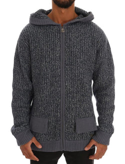 Blue Knitted Wool Hooded Zipper Sweater