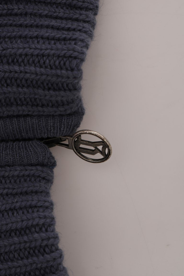 Blue Knitted Wool Hooded Zipper Sweater