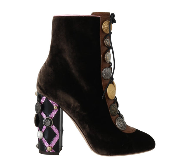Brown Velvet DG Logo Coin Ankle Boots