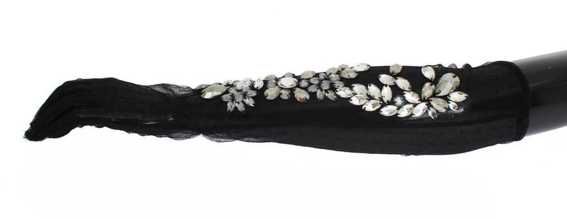 Black Floral Crystal Elbow Gloves