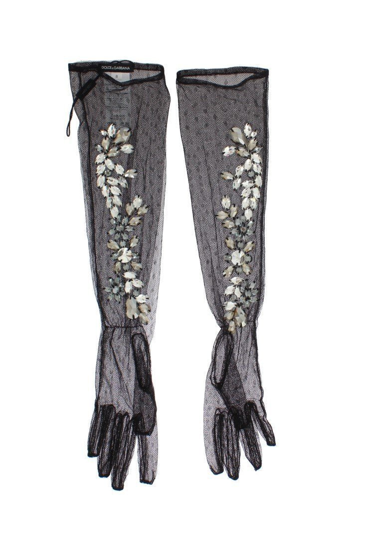 Black Floral Crystal Elbow Gloves