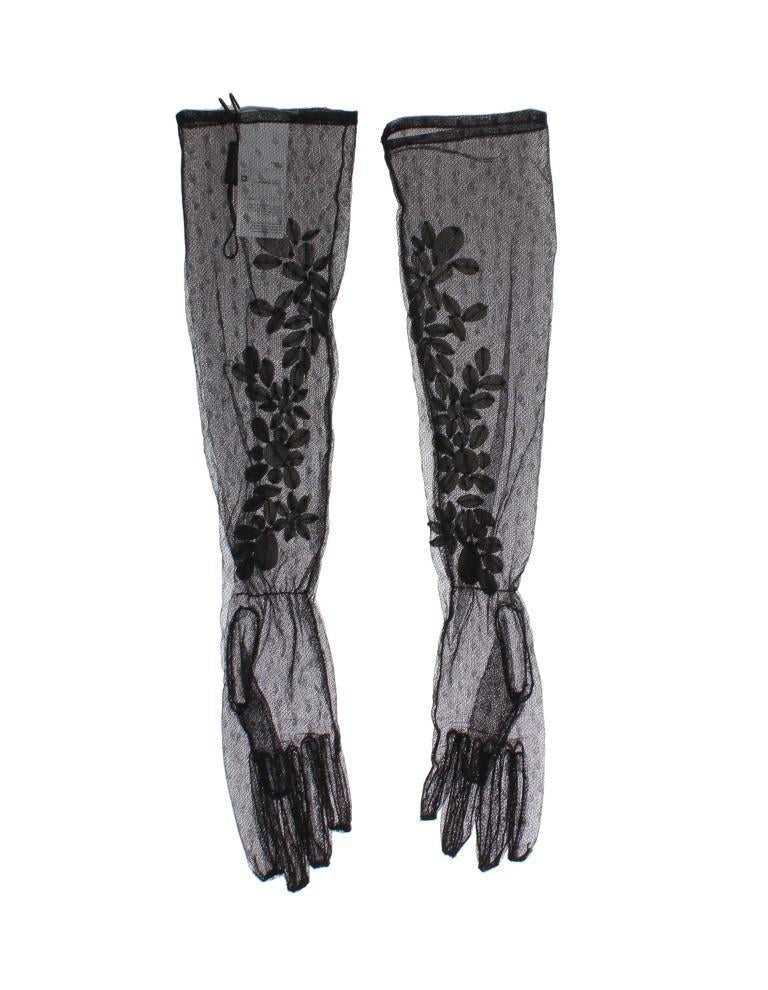 Black Floral Crystal Elbow Gloves