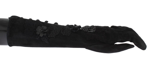 Black Suede Floral Ricamo Embroidered Gloves