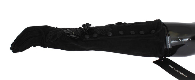 Black Suede Floral Ricamo Embroidered Gloves