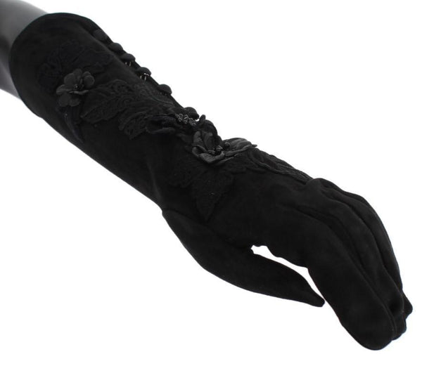 Black Suede Floral Ricamo Embroidered Gloves