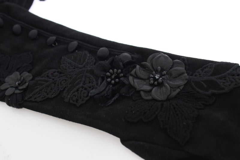 Black Suede Floral Ricamo Embroidered Gloves