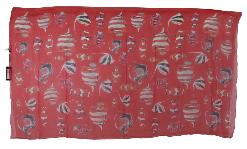 Red Fish Silk Print Shawl Wrap Scarf