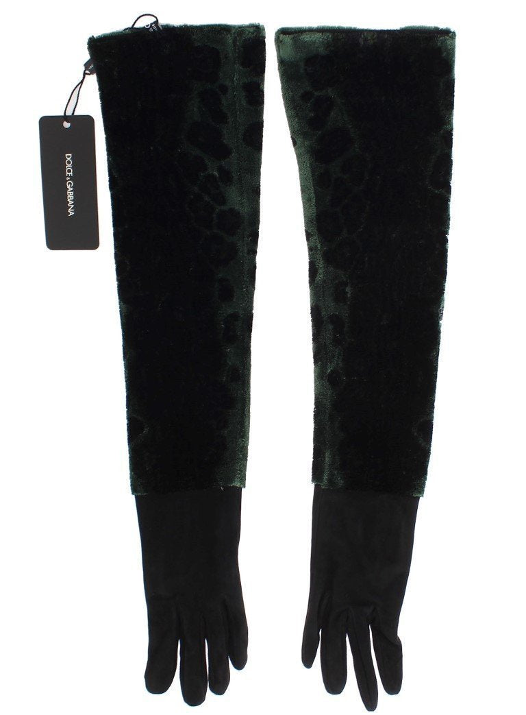 Green Black Leopard Leather Elbow Gloves