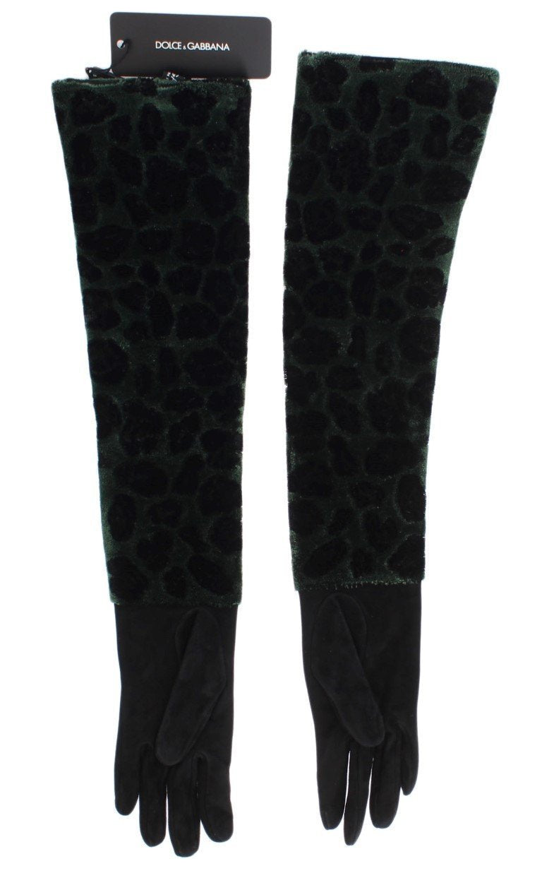 Green Black Leopard Leather Elbow Gloves