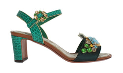 Green Floral Crystal Leather Sandals
