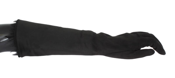Black Gray Leather Fur Elbow Gloves