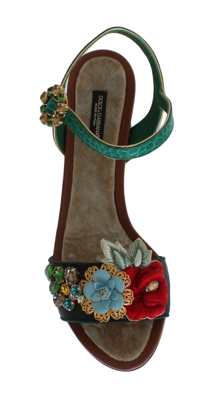 Green Floral Crystal Leather Sandals