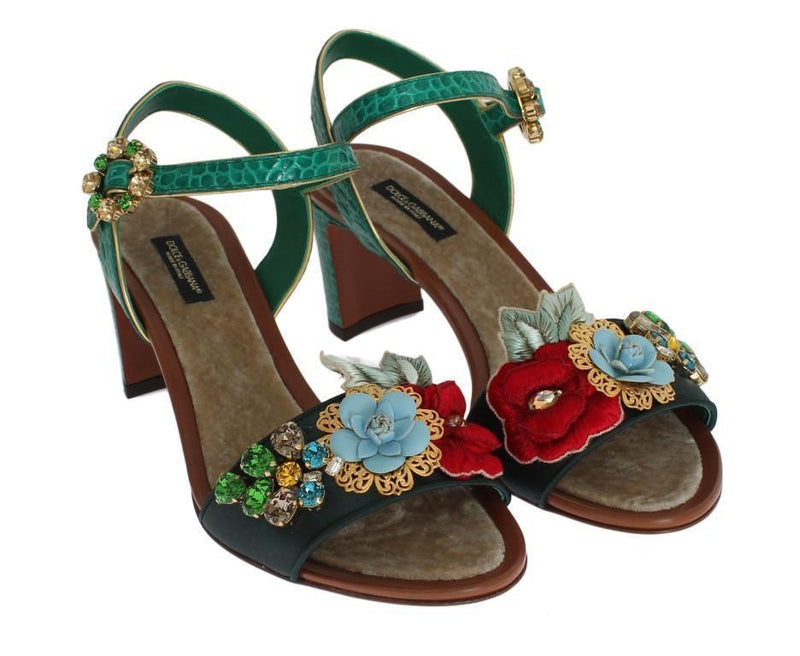 Green Floral Crystal Leather Sandals