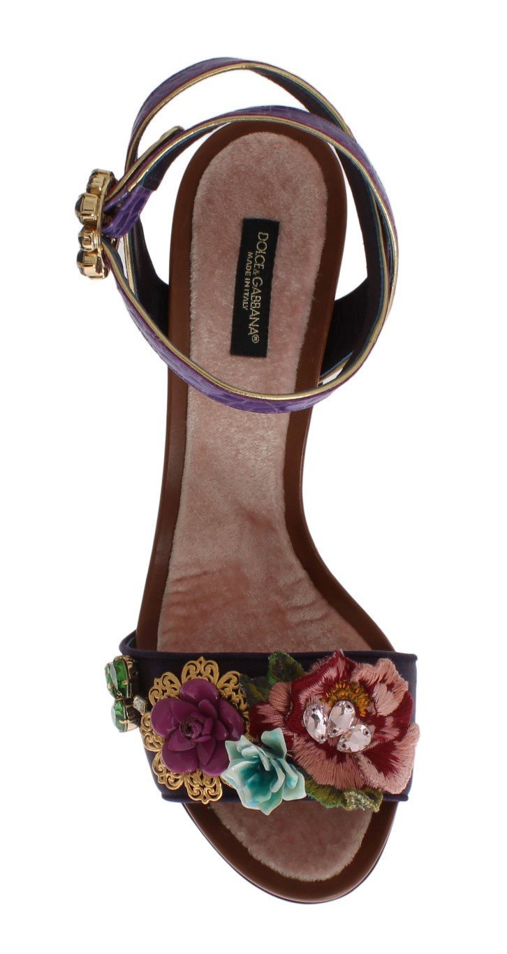 Purple Floral Crystal Leather Sandals