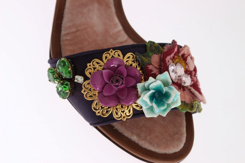 Purple Floral Crystal Leather Sandals