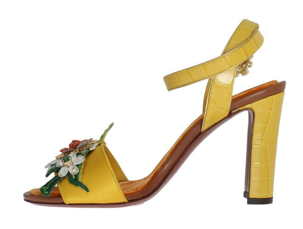 Yellow Floral Crystal Leather Sandals