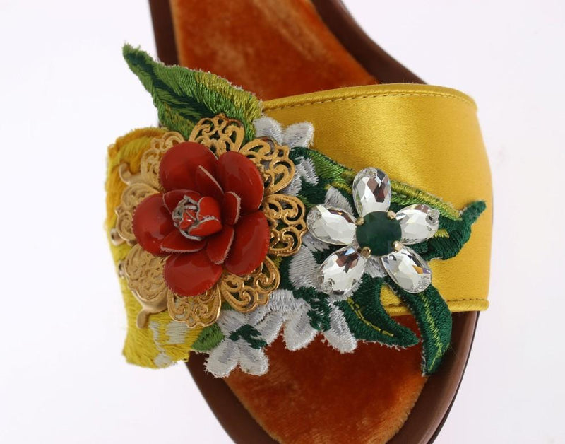 Yellow Floral Crystal Leather Sandals