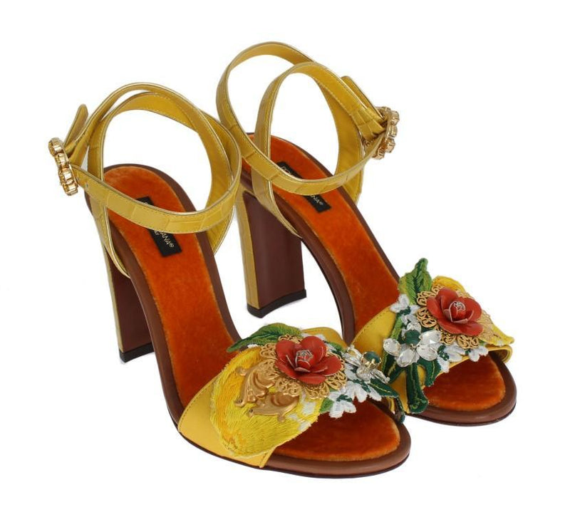 Yellow Floral Crystal Leather Sandals