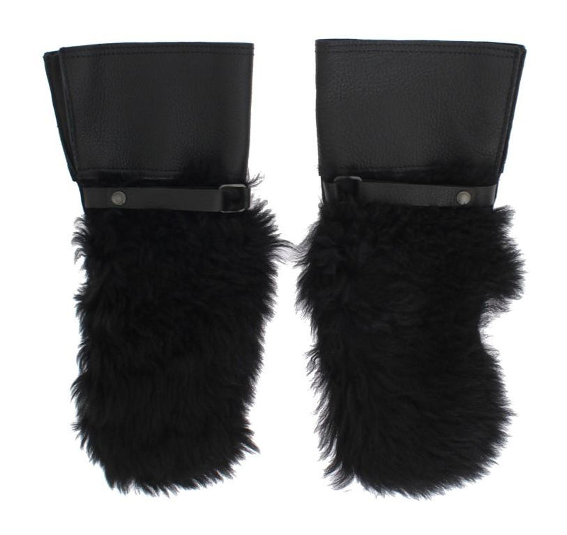 Black Leather Sheepskin Shearling Fur Gloves