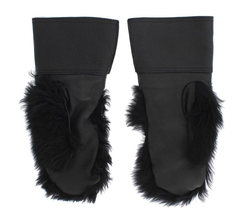 Black Leather Sheepskin Shearling Fur Gloves